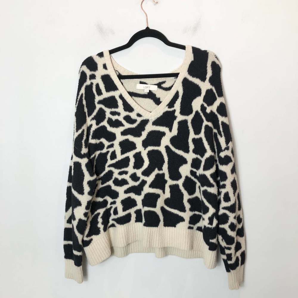 LOFT Black and Cream V-Neck Sweater